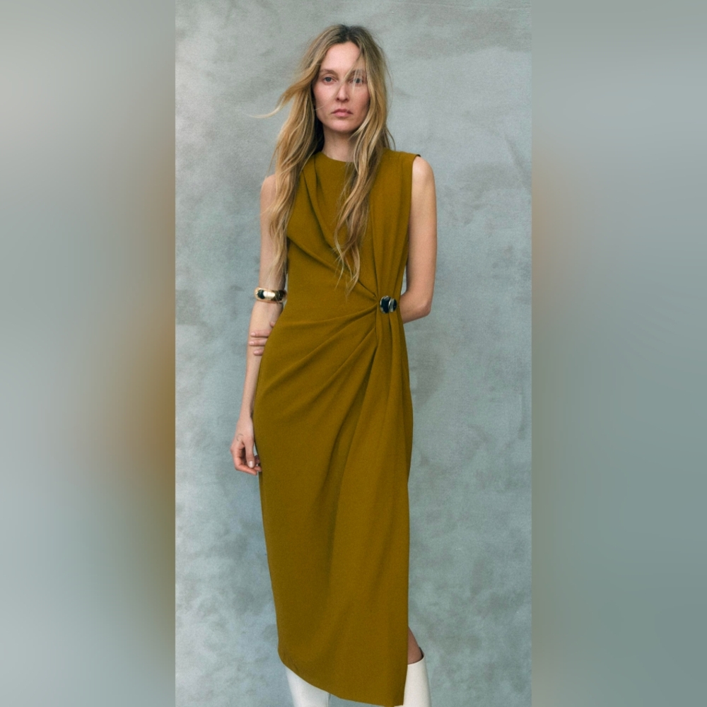 NWT Zara Olive Green Drape Midi Dress